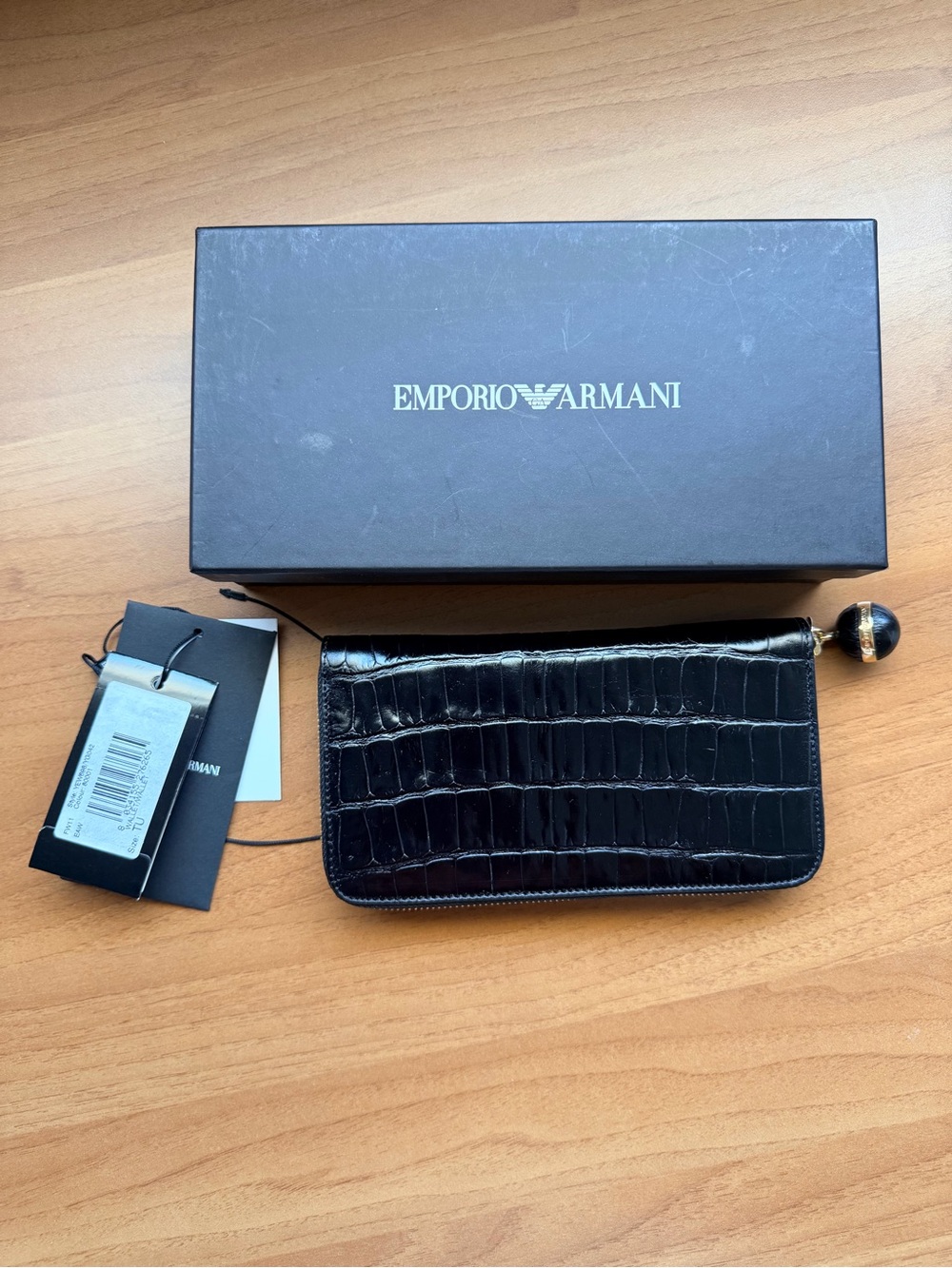 Emporio Armani Black Croc-Embossed Zip Card Holder